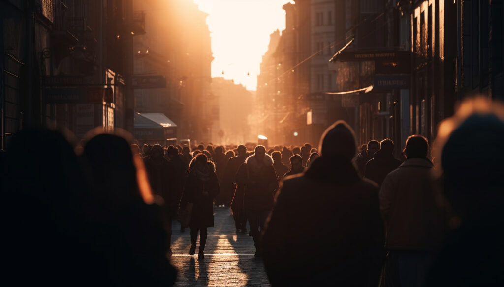 Turistas em ruas da cidade, representando a influência cultural na decisão de compra.