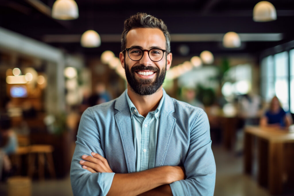 Empresário sorrindo, demonstrando compreensão do cliente.